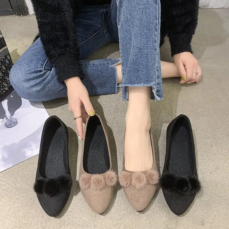 Women's Mary Jane Shoes Fur Ball Shoes Ladies Faux Suede Flats Women 2026 Pointed Toe Ballerina Femme Dress Office Loafers Comfy view 3