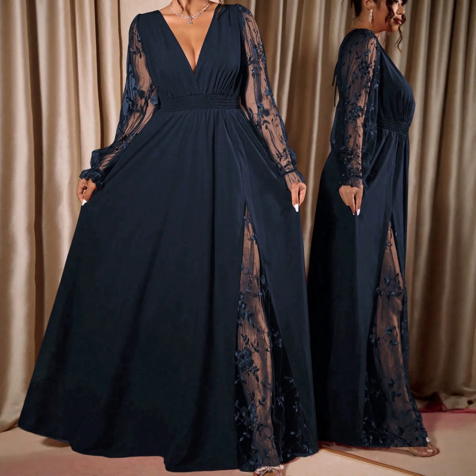 Spliced Patchwork Gown with Elegant Long Dress Full Skirt V Neck Hollow Out Pull on Regular Sleeve Party Dress for Women Summer