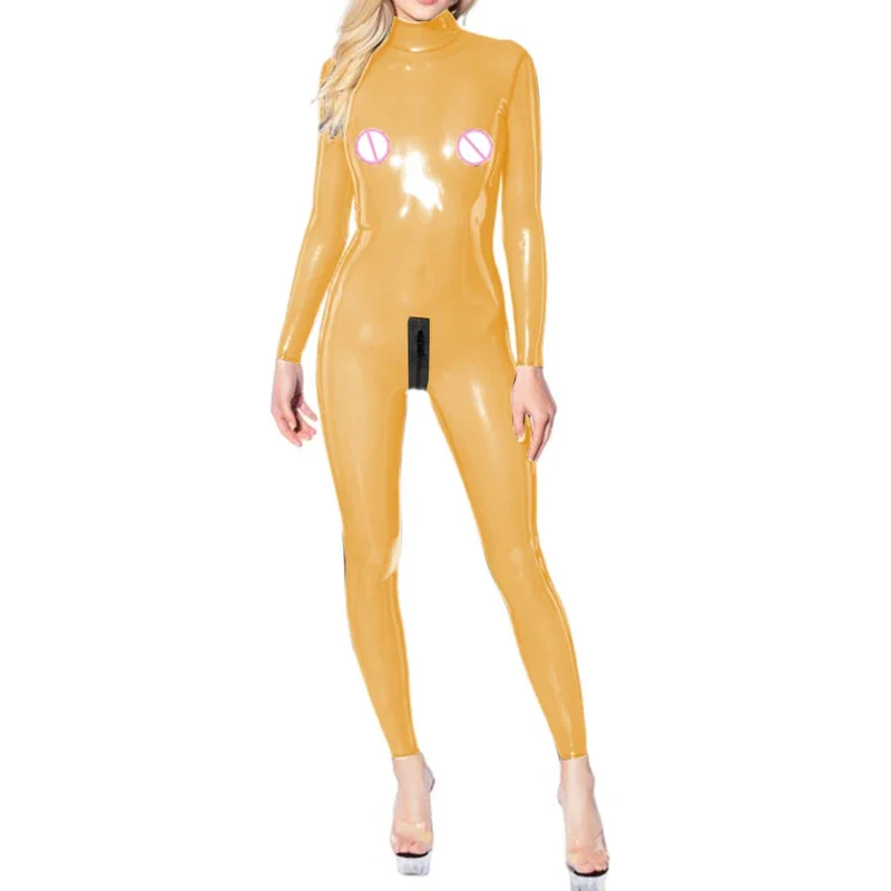 Plastic Clear PVC Mock Neck Bodycon One-piece Long Sleeve Jumpsuits See Through Zip Open Crotch Jumpsuits Fetish Exotic Catsuits