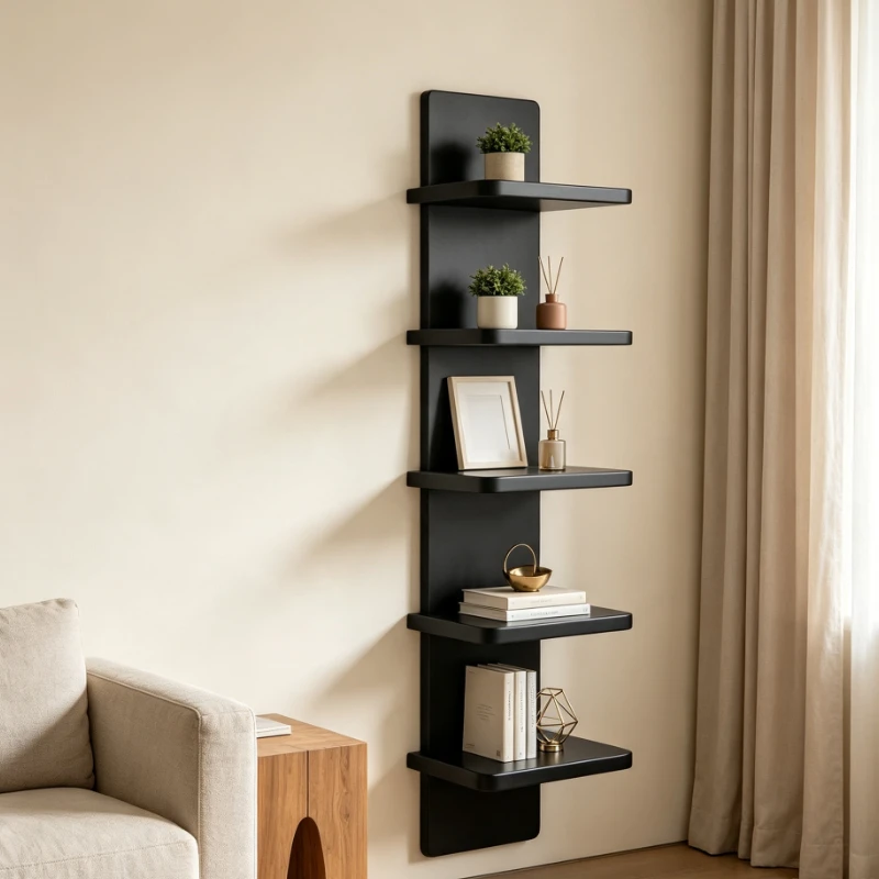 5 Tier Black Wall Mount Floating Shelf Vertical Storage Rack for Books Decor Home Office Organizer