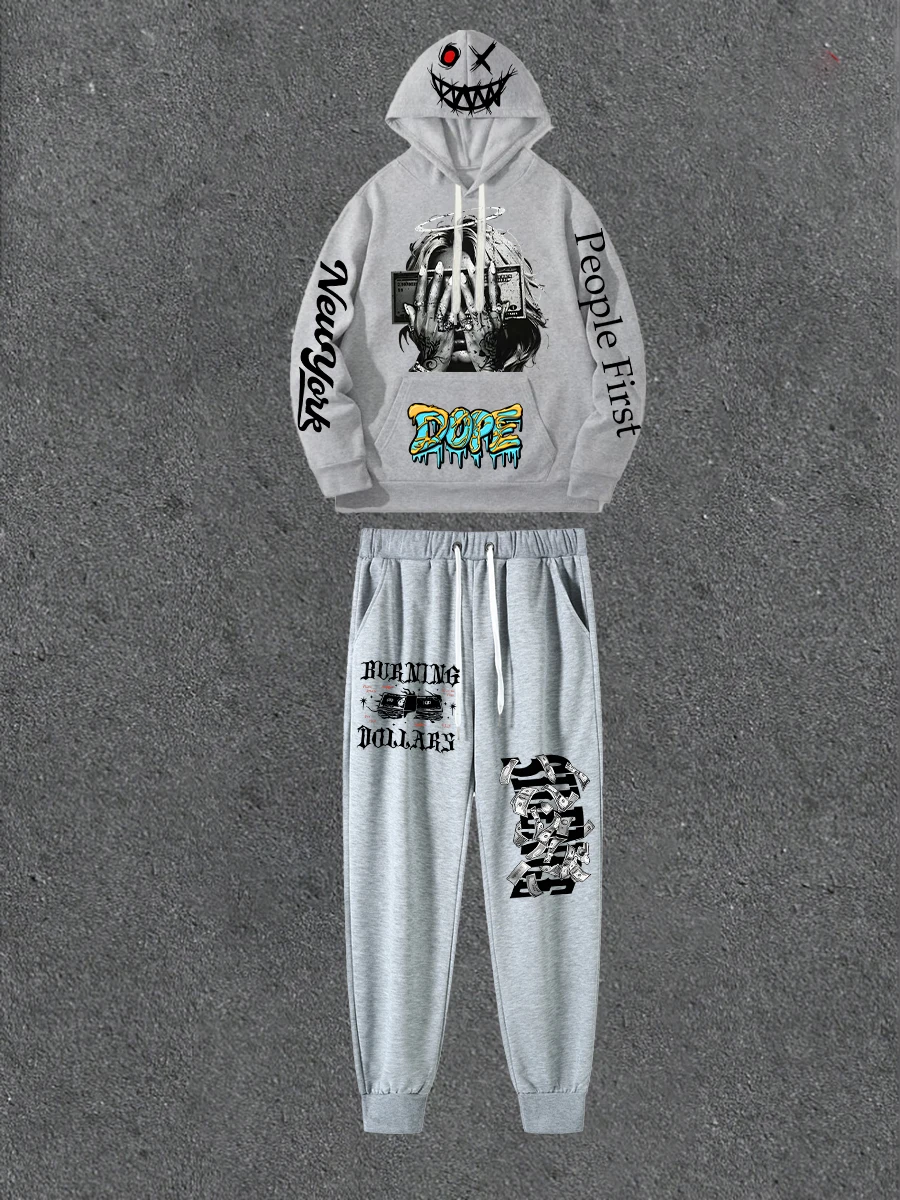 

Gray Double-sided Printed Hoodie Paired With Printed Casual Pants Loose Hoodie Street Style Outfit With Casual Pants