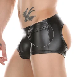 Buttocks Hollow Mens Sexy PVC Shorts Wetlook Solid Color Boy Sissy Boxer Briefs Crotch Bulge Pouch T Panties Open Butt Underwear