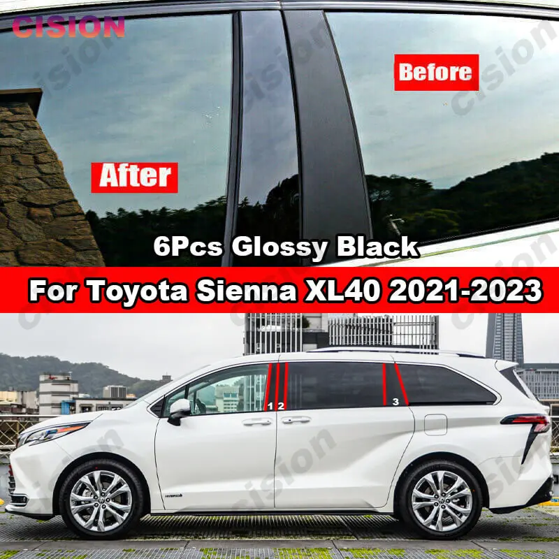 

For Toyota Sienna XL40 2021-2023 Glossy Black Carbon Fiber Window Door Column BC Pillar Post Cover Trim Mirror Effect PC Sticker