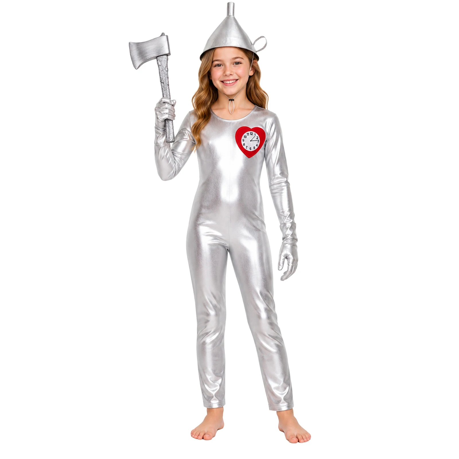 Kids Girls Tin Costume Long Sleeves Ballet Dance Gymnastics Jumpsuit with Hat Axe Gloves And Heart Clock Brooch for Themed Party