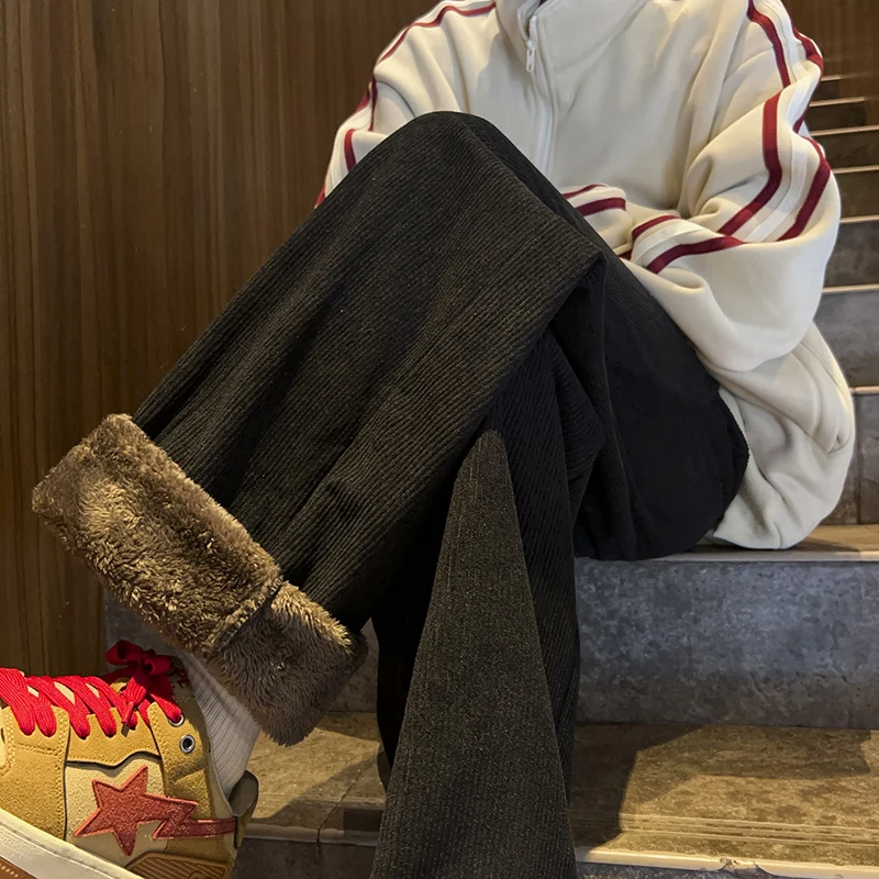 

Men's Winter Thiened Fce Lined Lamb Velvet Pants Wide Leg Corduroy Sweatpants Casual Trousers Youth Faion Brand