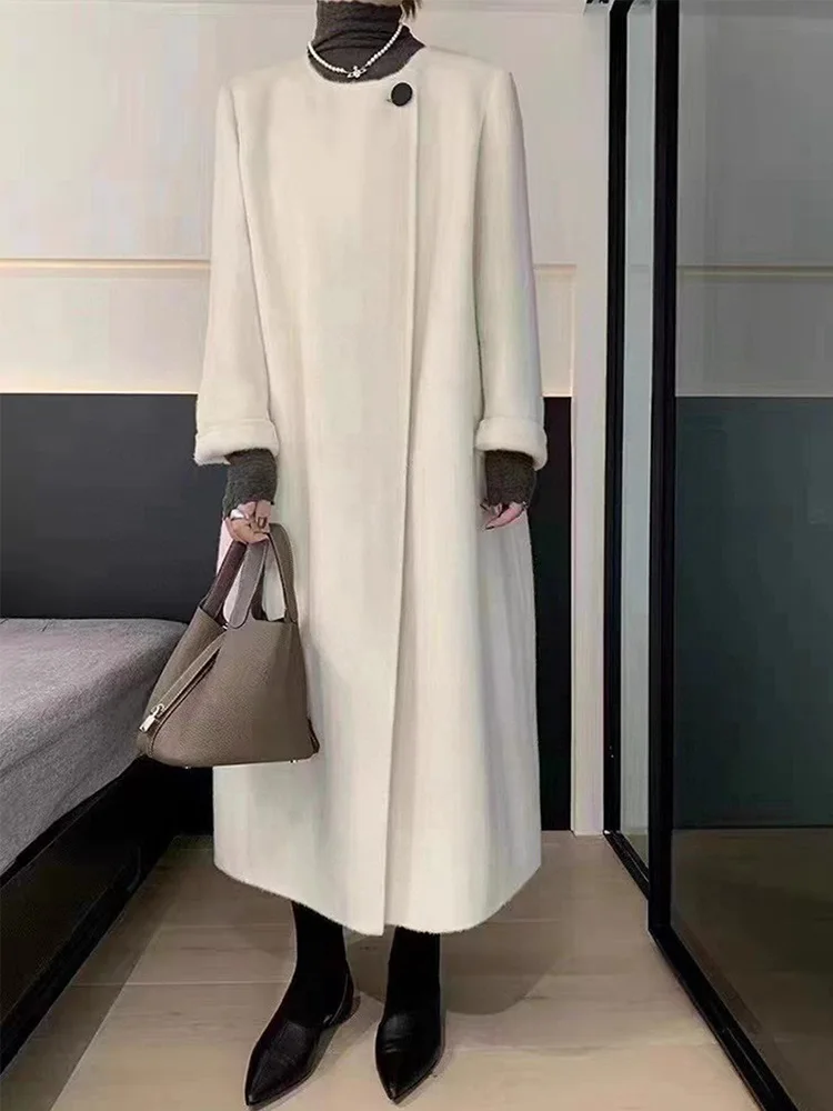 New Women Camel Wool Double-sided Coat Casual Loose Thick O-neck Cashmere Woolen Coat Temperament Outerwear Female Fit Autumn