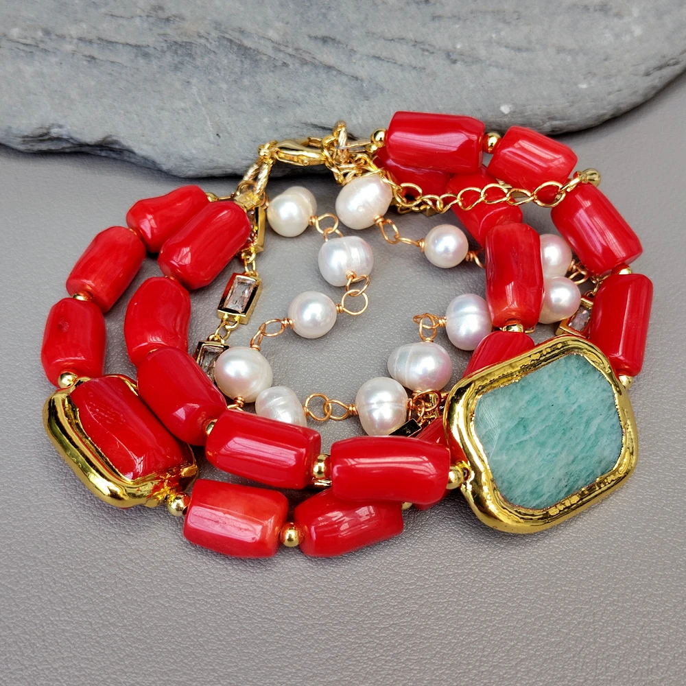 YYGEM 7-8 مللي متر المياه العذبة الأبيض البطاطس اللؤلؤ 15x19 مللي متر المرجان الأحمر امازونيتي الخرز ستراند سوار امرأة بيان أساور