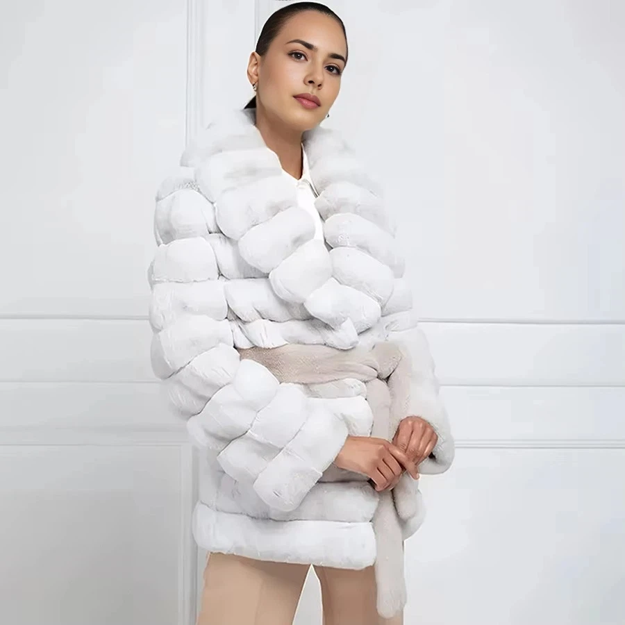 Abrigos de piel auténtica para mujer, chaqueta de piel de conejo Natural con cinturón, abrigo de piel de conejo Chinchilla Rex, chaqueta de invierno de lujo, nuevo