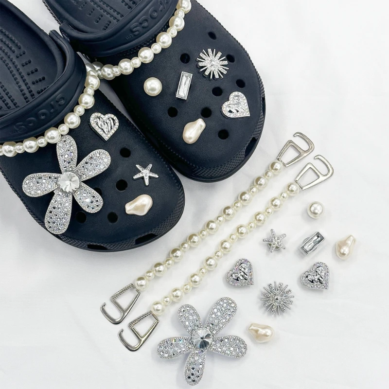 

Pearl Chain Rhinestone Flower Shoe Charms for Clog Shoes Heart Star DIY Decoration Accessories for Garden Sandals