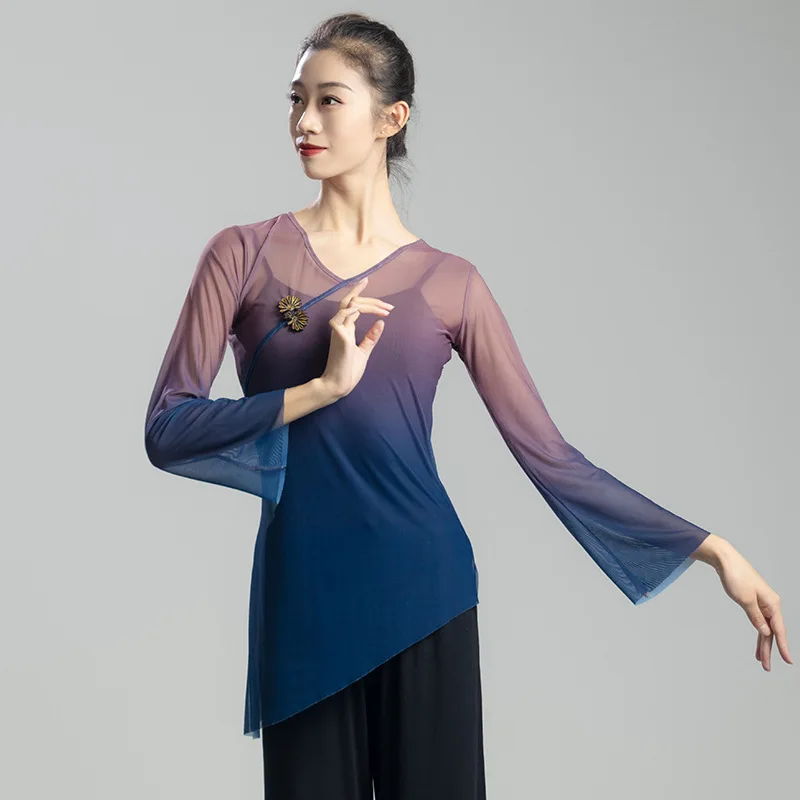 Classical Dance Top Women Gradual Flowing Gauze Clothes Chinese Dance Practice Costume Chinese knot Folk Dance Fairy Mesh Top