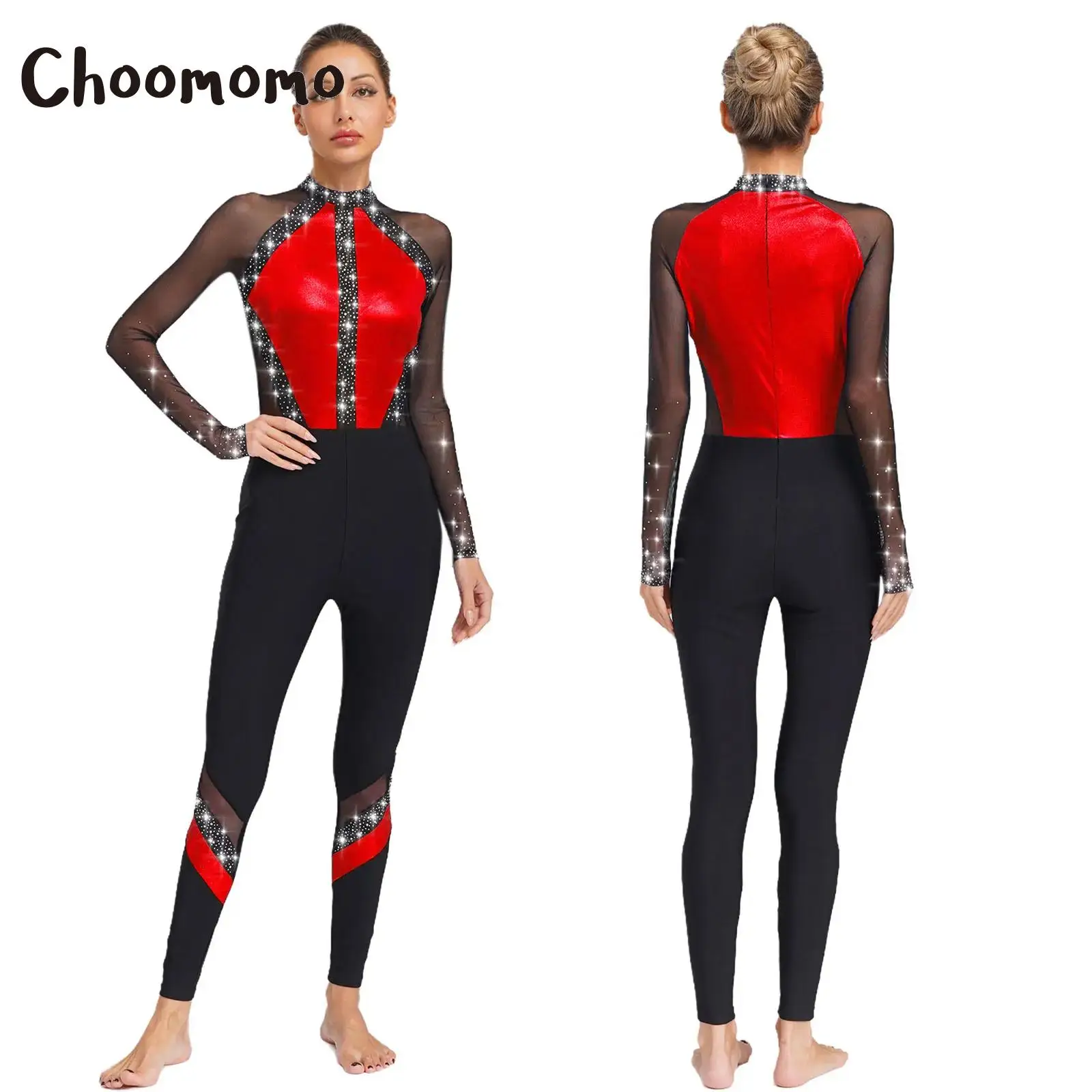 

Ballet Gymnastics Dance Jumpsuit Performance Costume Womens Figure Skating Bodysuit Rhinestones Design Sheer Mesh Long Sleeves