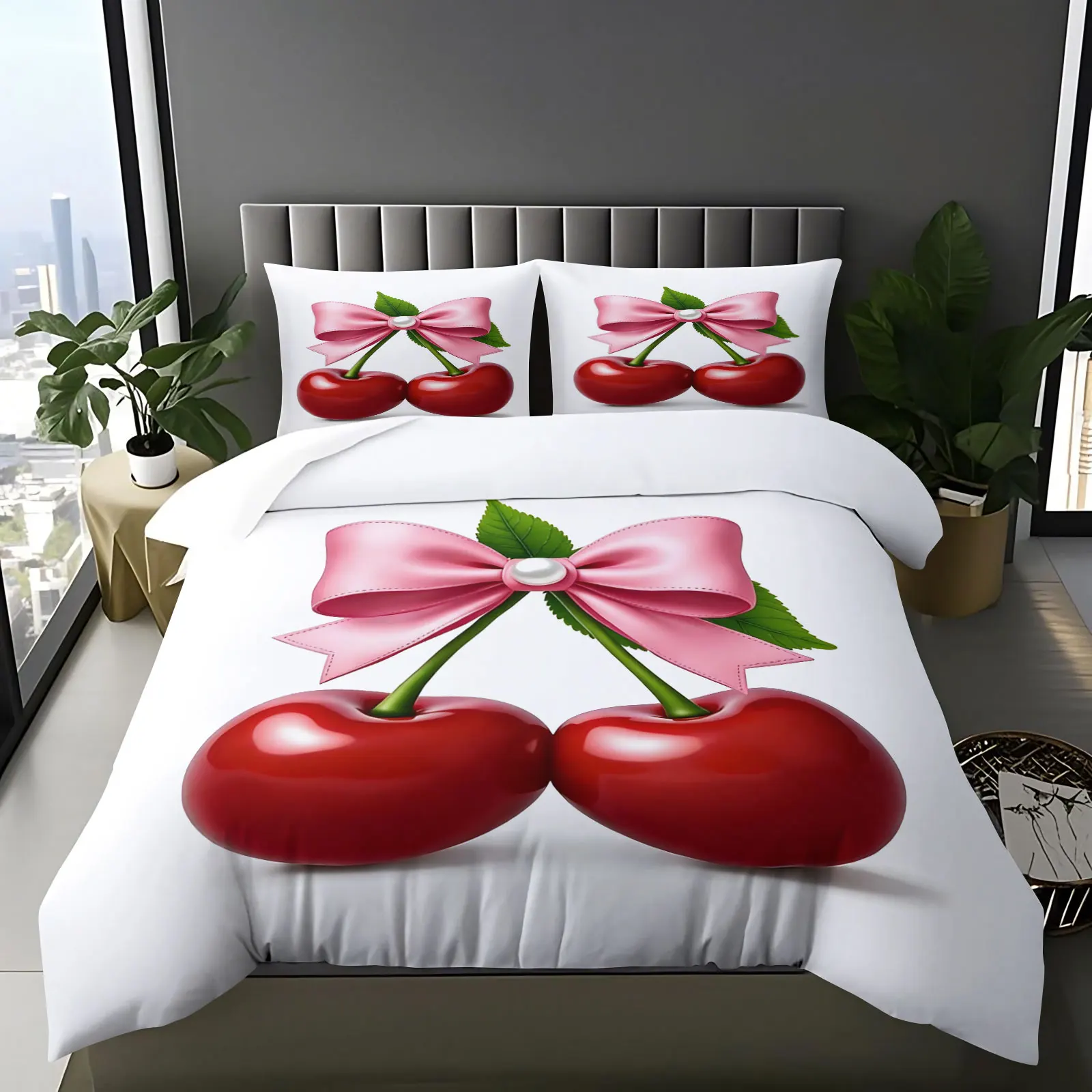 Minimalist Solid White Large Shiny Red Cherry Pink Bow 2/3 Piece Duvet Cover Set Elegant Women Bedding For Master Bedroom