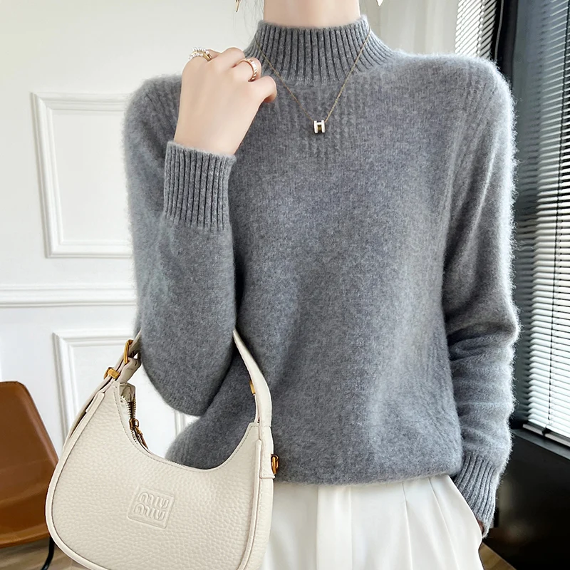 New women's sweaters in autumn and winter 100% merino wool semi-turtleneck pullover fashion luxury solid color padded knitted ca