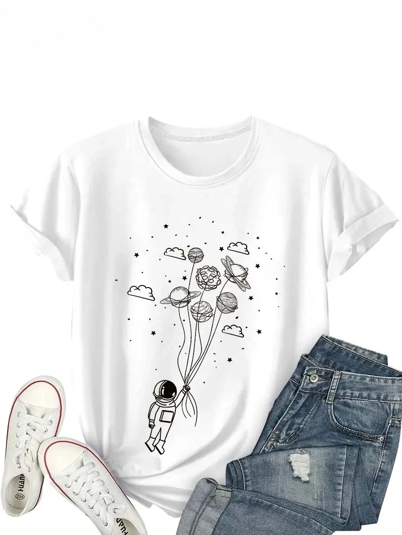 2023 Neues lässiges Kurzarm-T-Shirt mit Rundhalsausschnitt für Damen – Astronaut Holding Planet Ballons Print Tees Damen Tops Grafik-T-Shirts