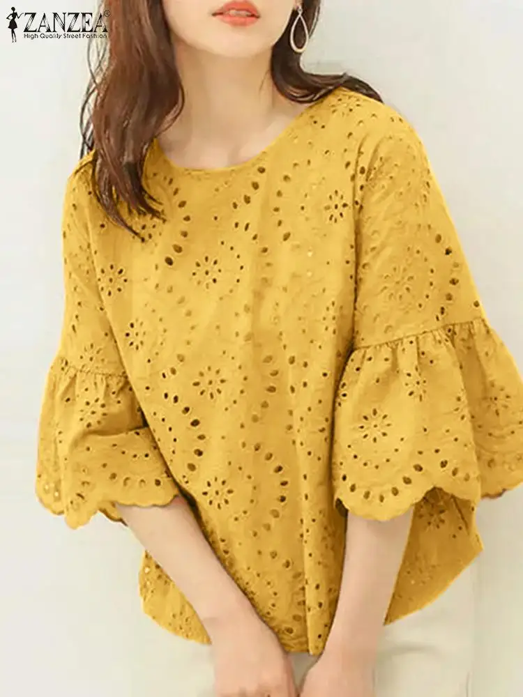 ZANZEA Elegant 3/4 Ruffle Sleeve Blusa Women Hollow Out Lace Patchwork Solid Color Loose Tops 2024 Summer Casual Everyday Blouse