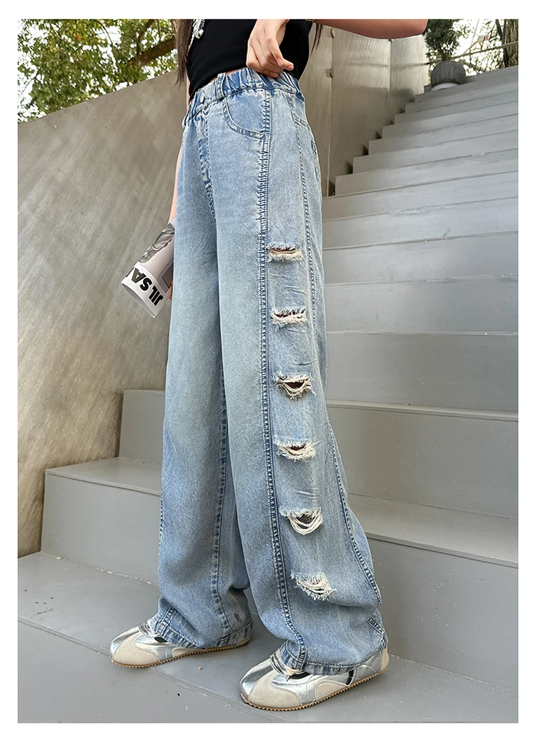 Jeans für Teenager-Mädchen mit seitlichen Löchern, lässige Mode, Sommer, Kinder, weites Bein, zerrissene Jeanshosen, Schulhosen aus Denim, 10-12 Jahre – Detail 9