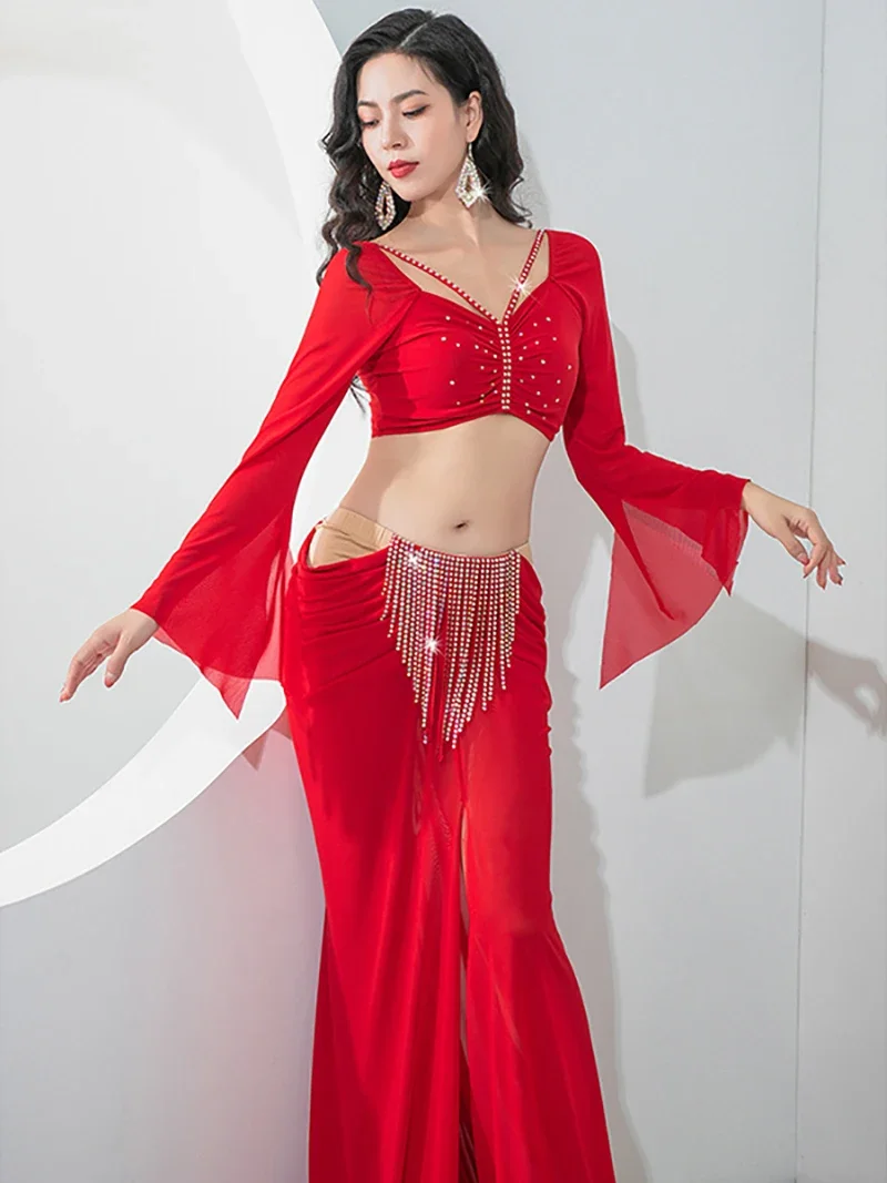 

Women Original Belly Dance Costume Mesh Slit Light Luxury Practice Chain Club Party Suit Stage Performance Two Piece Suit