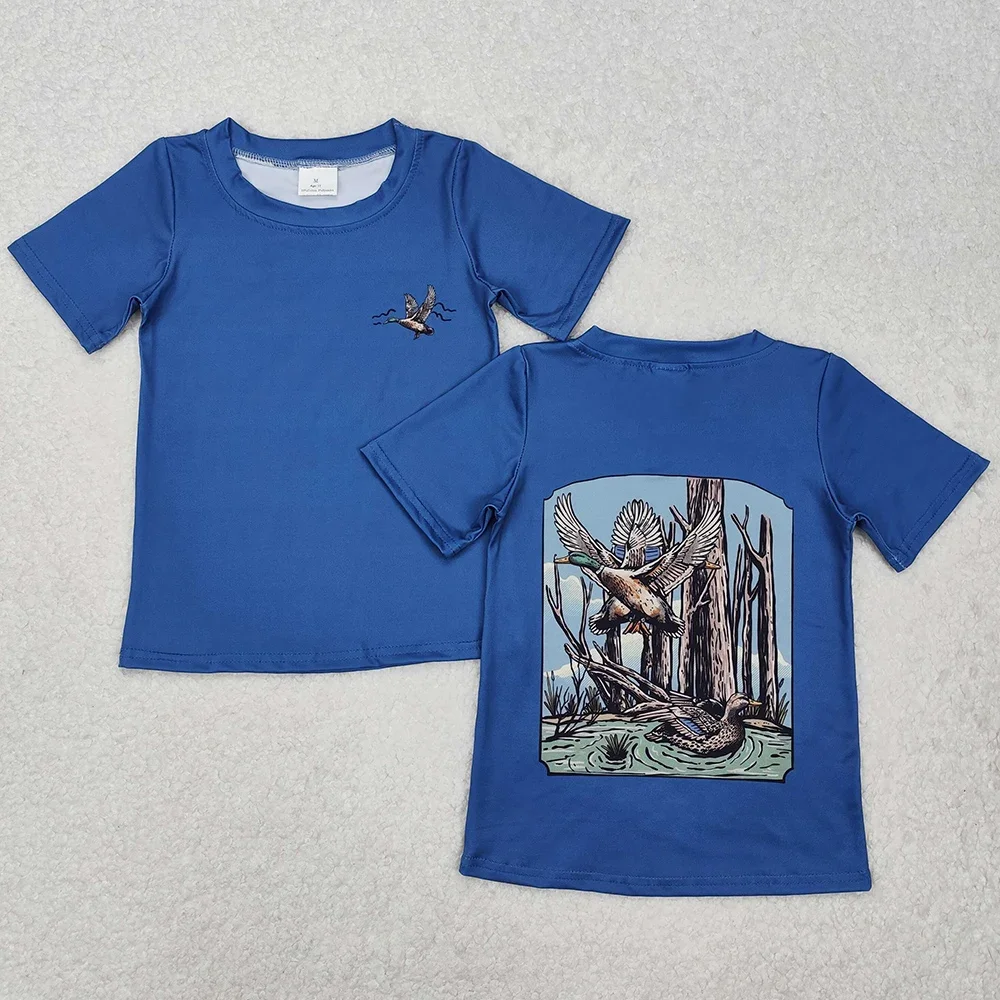 New rts baby boys summer tops wholesale boutique duck trees blue short sleeve boy shirts