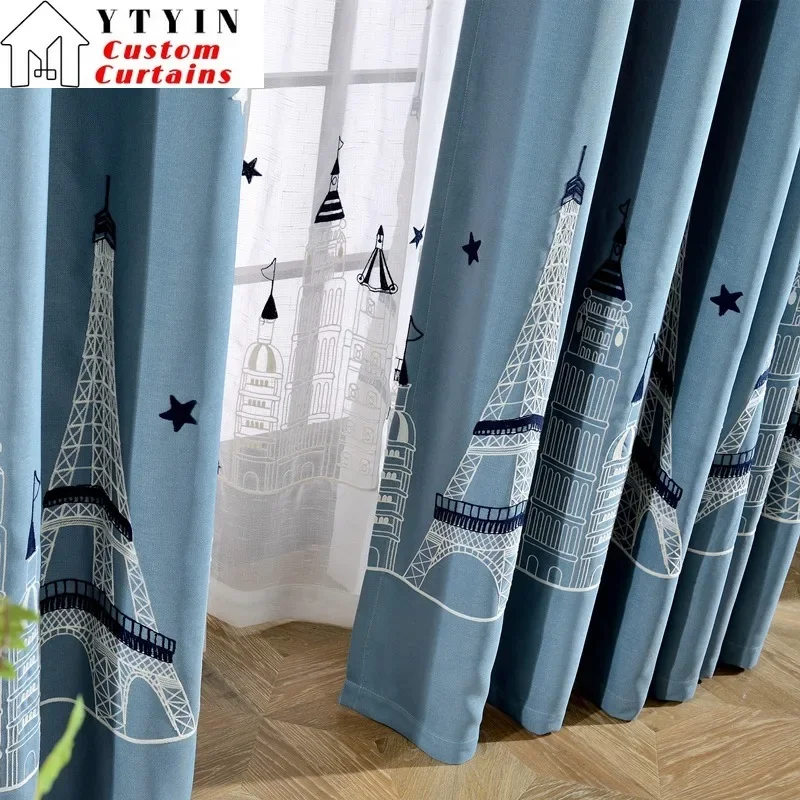 

Custom Size！！European Imitation Cotton and Linen Blackout Cartoon French Embroidered Curtains for Living Dining Room Bedroom