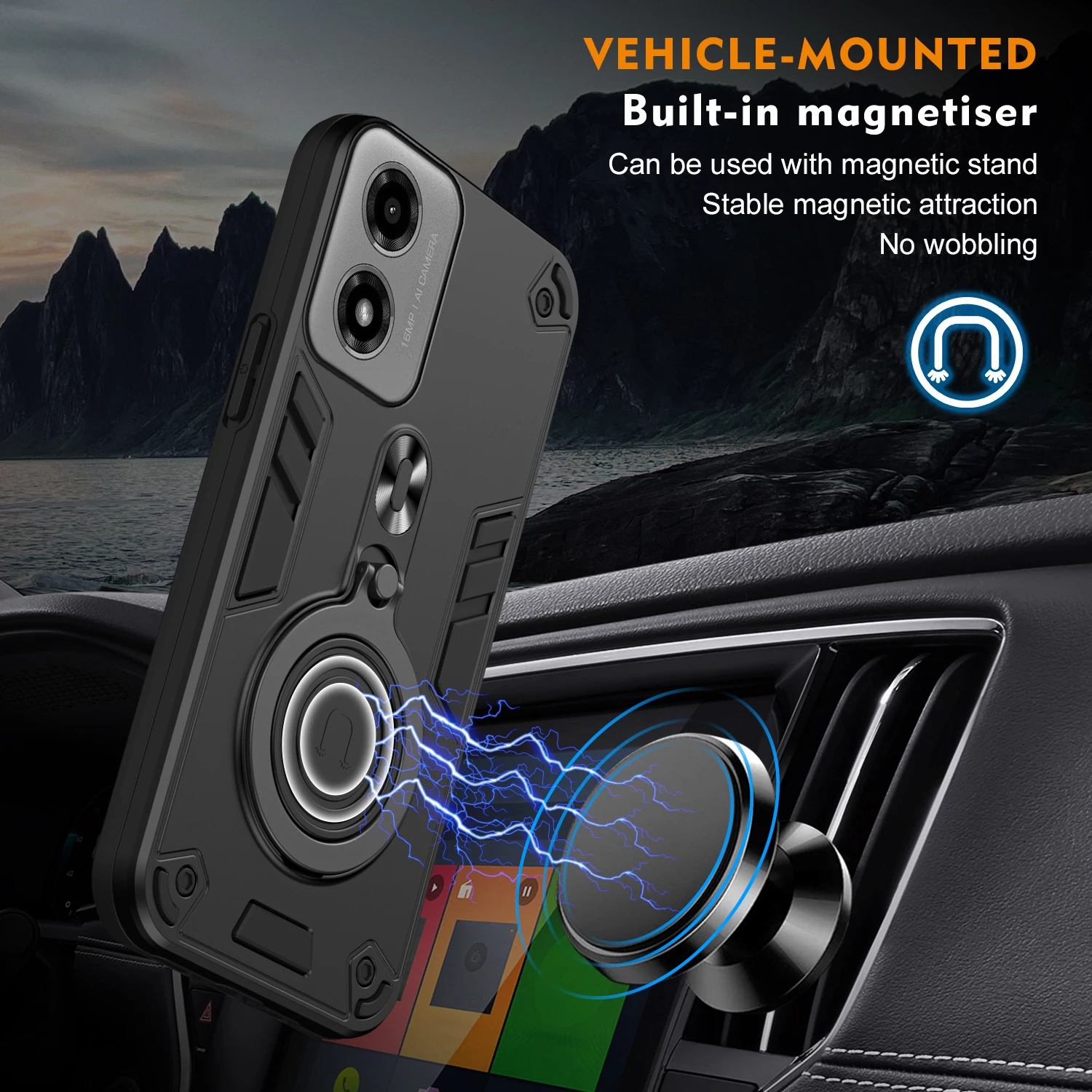 Case for Motorola Moto G04 G04s G24 Car Mount Magnetic Ring Holder Silicone Hard Armor Phone Cover MotorolaG24 XT2421-2 XT2423-1