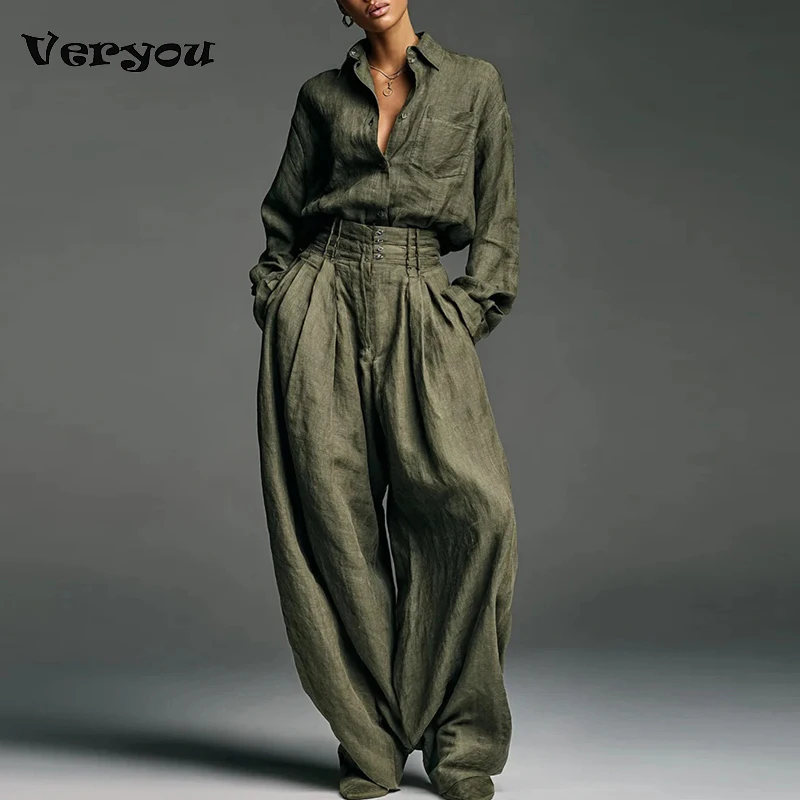 

Элегантный женский однотонный комплект из двух предметов в стиле ретро, женская повседневная рубашка с длинными рукавами и пуговицами, широкие брюки, костюм, офисная женская одежда