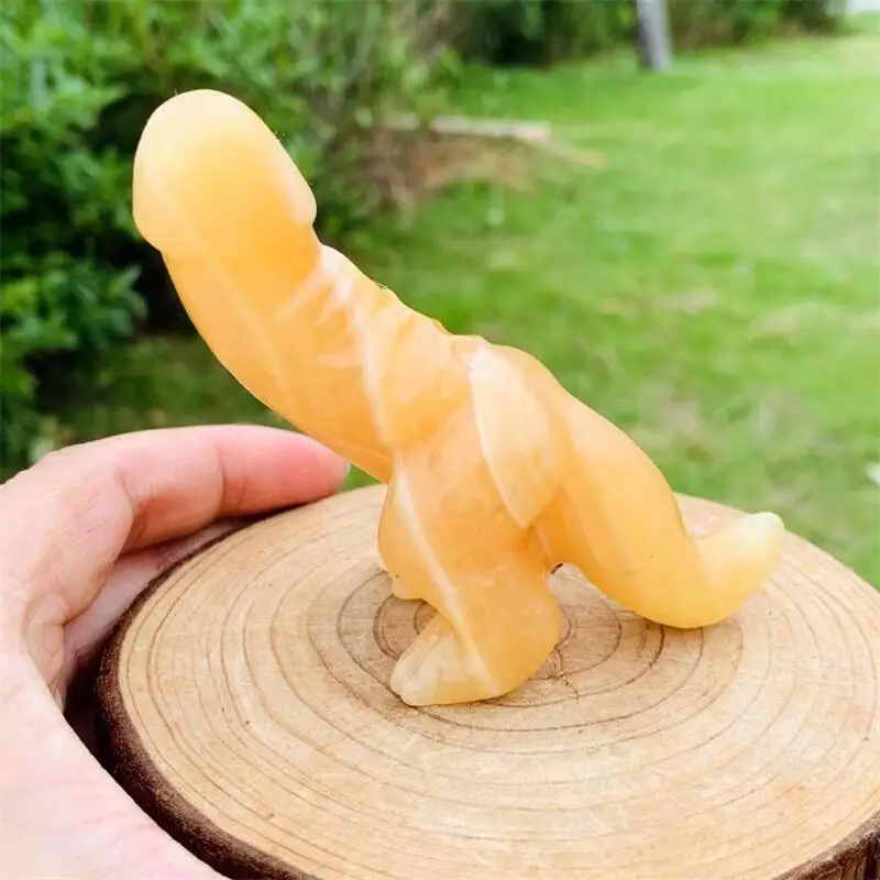 10cm Natural Orange Calcite  Penis Dinosaur Cartoon Carving Gemstones Mineral Energy Healing Reiki Home Decorations Gift 1pcs