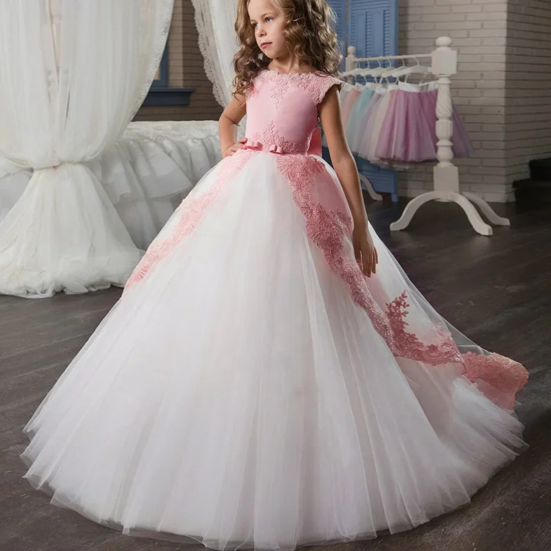 Children's Evening Clothing Long Bridesmaid Girl Lace Princess Kids Clothes Costume Party Wedding Vestidos 10 12 13 14 Years