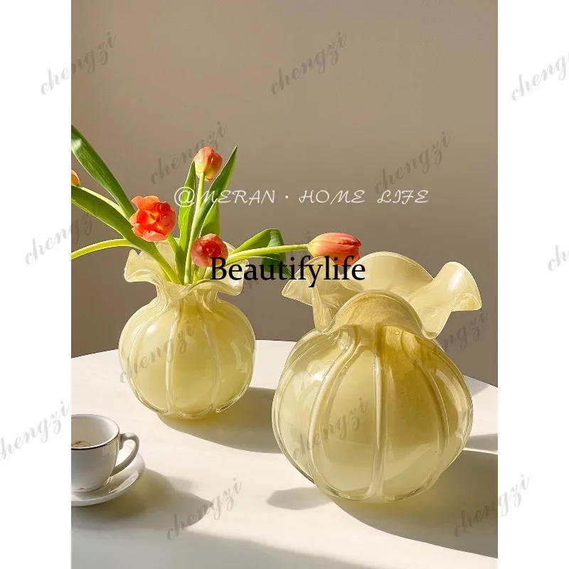 Vintage glass vase, satin texture living room, flower study decorative ornament high sense