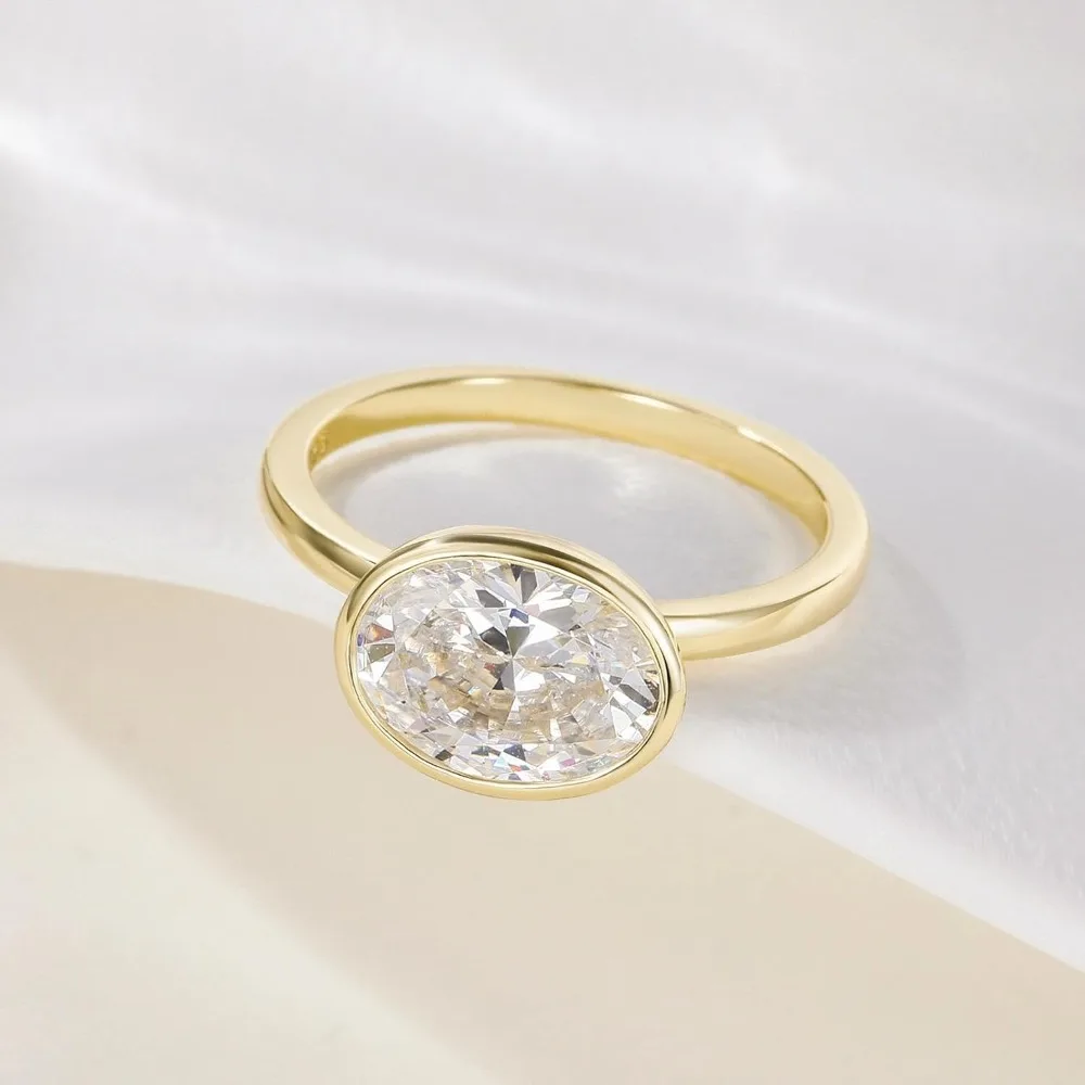 Trumium 3CT 925 Sterling Silver Oval Cut 5A Zircon Engagement Rings for Women Wedding Bands 14K Gold Plated Bezel Promise Ring