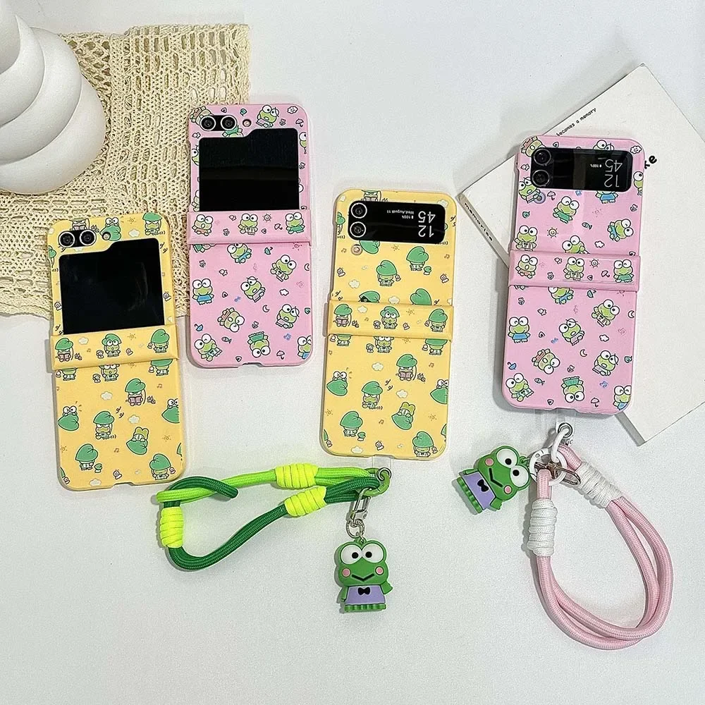 Hot Cartoon Cute Frog with Lanyard Phone Case for Samsung Galaxy Z Flip 3 4 Z Flip 5 6 5G PC Hard Anti-drop New Back Cover Funda