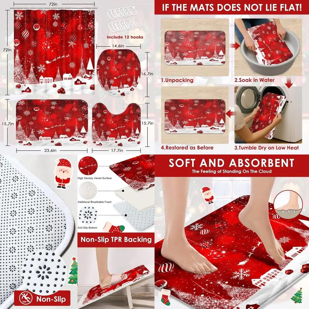 

Holiday Red Bathroom Set: Shower Curtain, Rug, and Accessories with Christmas Trees, Snowflakes, and Reindeer