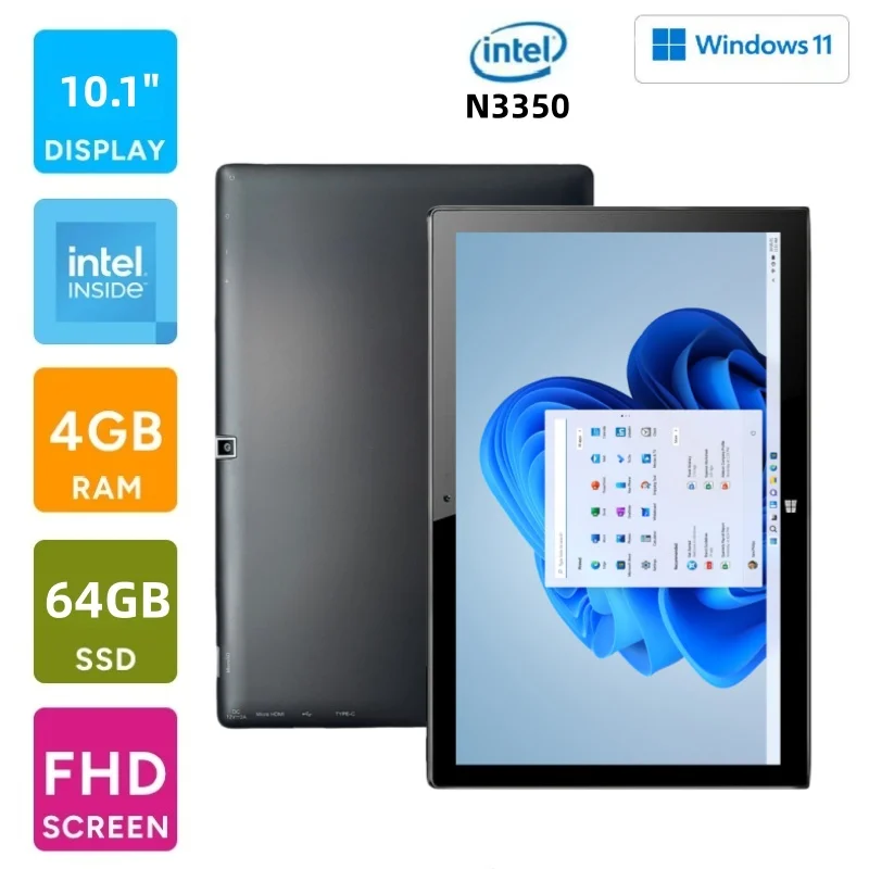 

4GB RAM 64GB ROM 10.1 INCH Windows 11 Tablet 64bit Intel Atom N3350 Quad Core 1920 x 1200 IPS Dual Camear Micro HD-MI Port