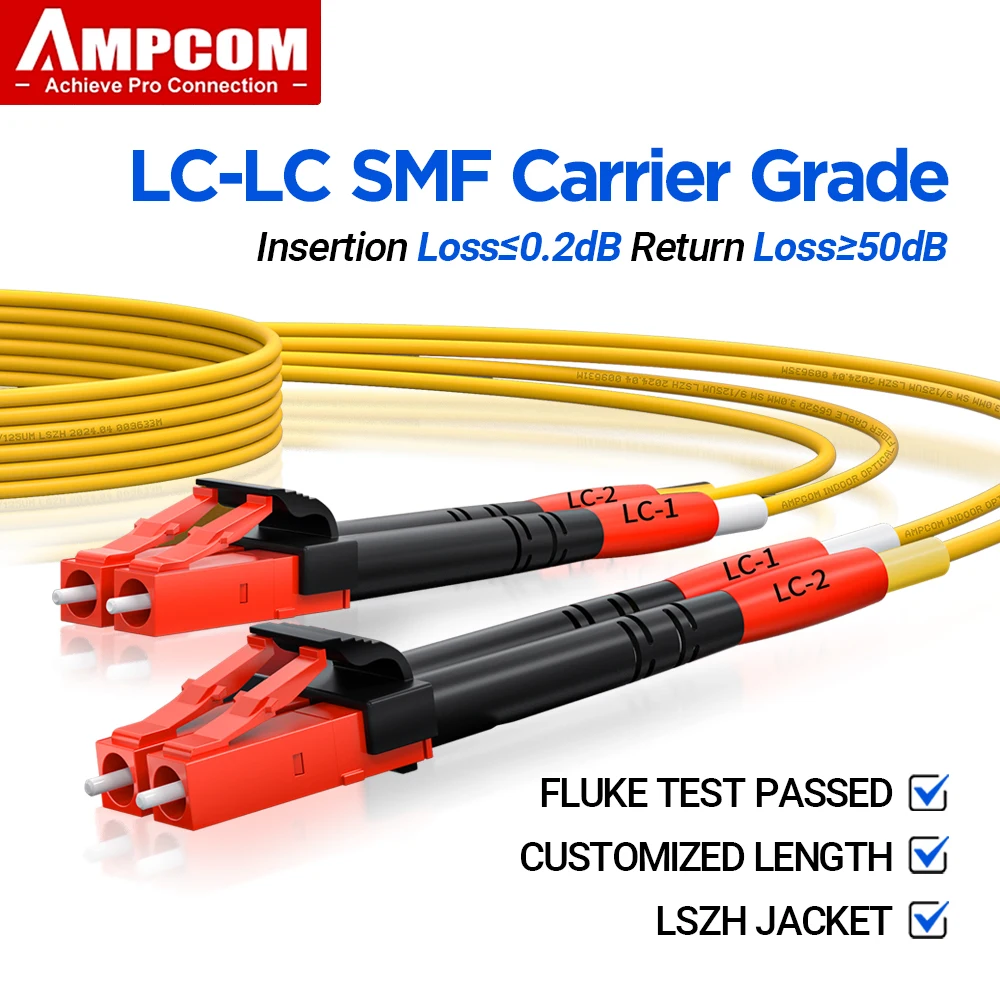 AMPCOM Fiber Cable LC to LC Single Mode Fiber Optic Patch Cable Duplex UPC 9/125μm, OS1/2 SMF 1/2/3/5/10/15 Meters LSZH OFNR