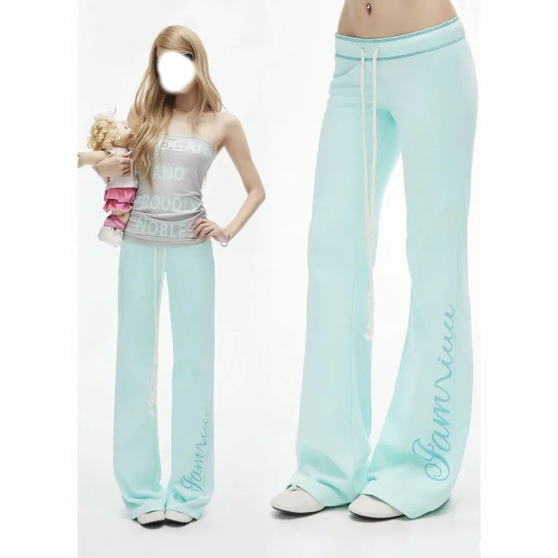 Mint Green Print Low-rise Casual Pants Spice Girl Slightly Spicy and Thin Flared Pants Ins Autumn New Straight Trousers