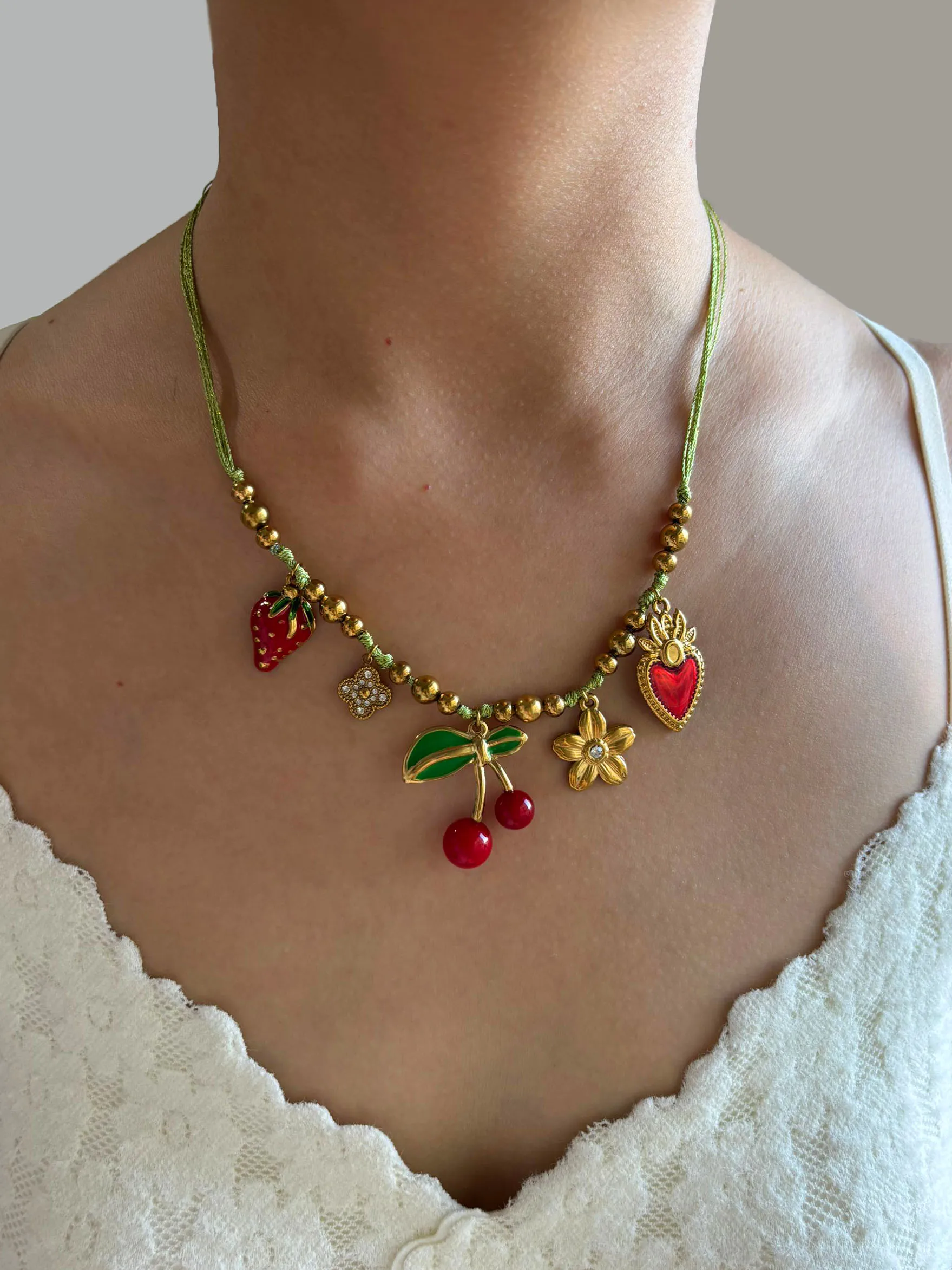 

GHIDBK Boho Enamel Cherry Strawberry Heart Rhinestone Flower Pendant Necklace for Women Rope Chain Trend Stainless Steel Jewelry