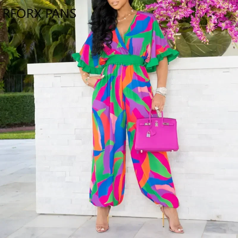 

Women Elegant Short Flared Sleeves V Neck Allover Print Pleated Sexy Working Jumpsuit