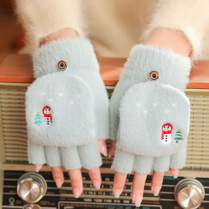 女性用タッチスクリーン対応コンバーチブルグローブ 冬用暖かいニットフリップトップミトン 可愛い雪だるま刺繍入り 快適なクリスマスプレゼント