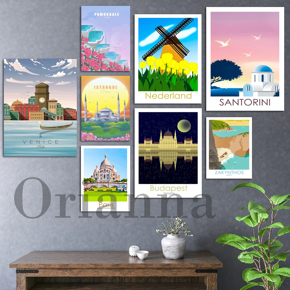 Zakynthos Santorini Dublin Pamukkale Istanbul Leicester Rouen Budapest Nederland Paris Leeds Budapest Venice Travel Poster Print