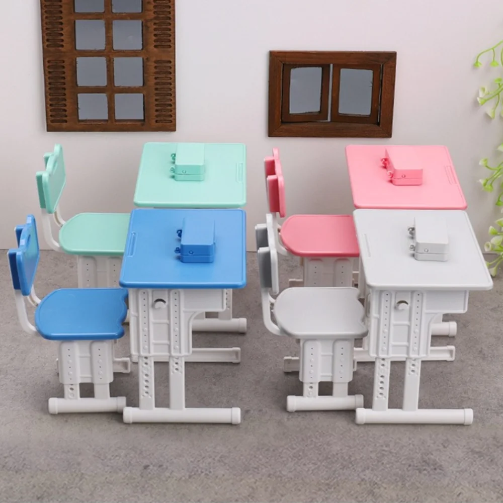 

1set Chairs Furniture Model Simulated Dollhouse Desks Miniature Writing Study Model Miniature School Desks Pencil-box Model
