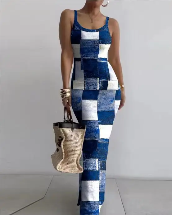 Robe longue imprimée, Slim, Sexy, bretelles Spaghetti, mode femme, tendance, Y2k, sans manches, couleur unie, moulante, Maxi, nouvelle collection été
