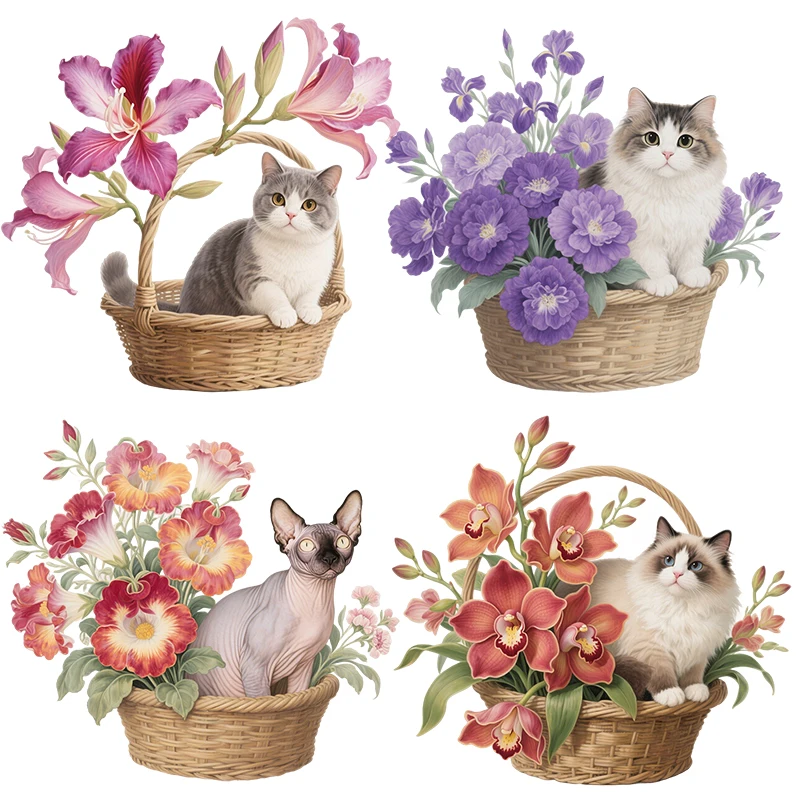 Three Ratels CEE24 Beautiful flower basket cat wall sticker for home decoration