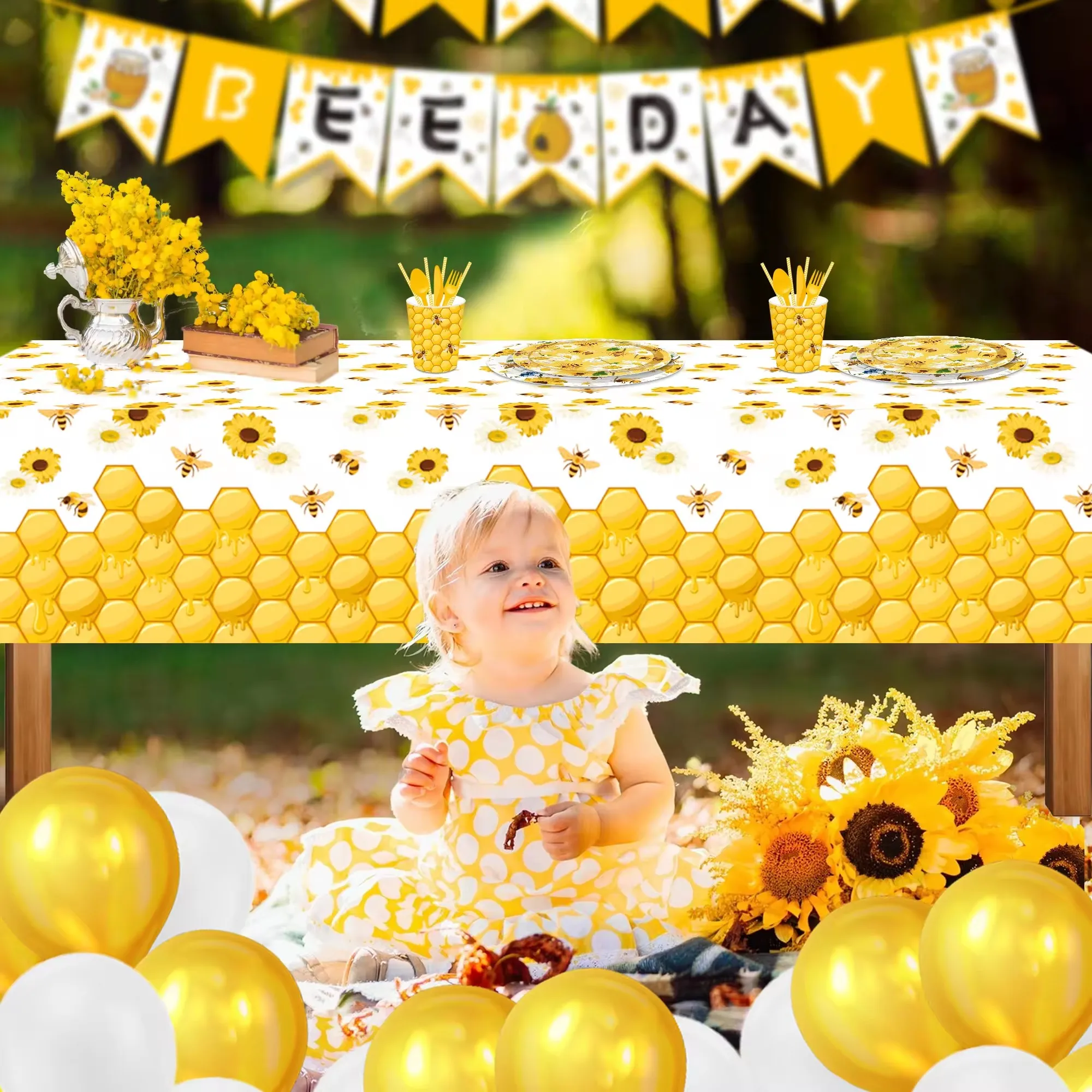 Honey Bee Sunflower PE Table Cover Birthday Party Decorations Plastic Tablecloth Disposable Camping Mat Party Supplies