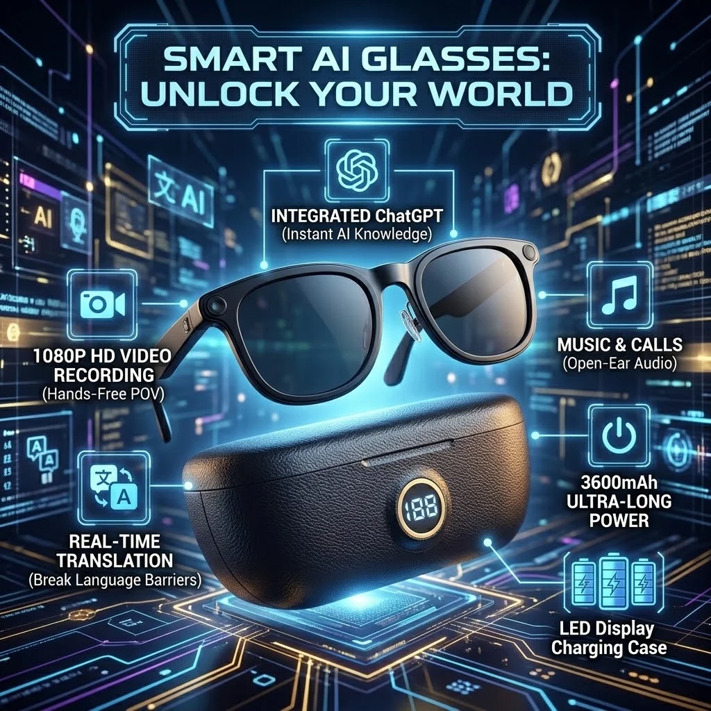2026 VWAR AI Camera Smart Glasses 1508 Hi-Fi Speaker 1200P HD Video Recording 100+ languages Real-Time Translation Sunglasses