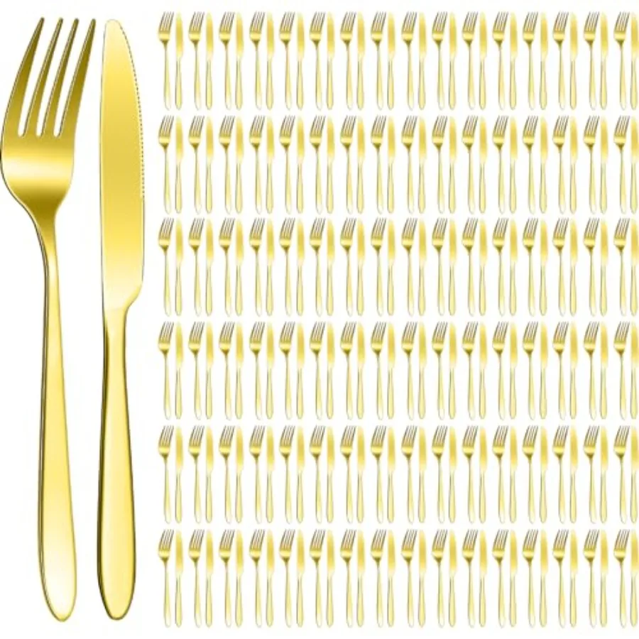 

100 Pieces Stainless Steel Dinner Forks and Knives Set Gold Tableware Cutlery for Kitchen Restaurant Dishwasher Safe 8.4 Inches