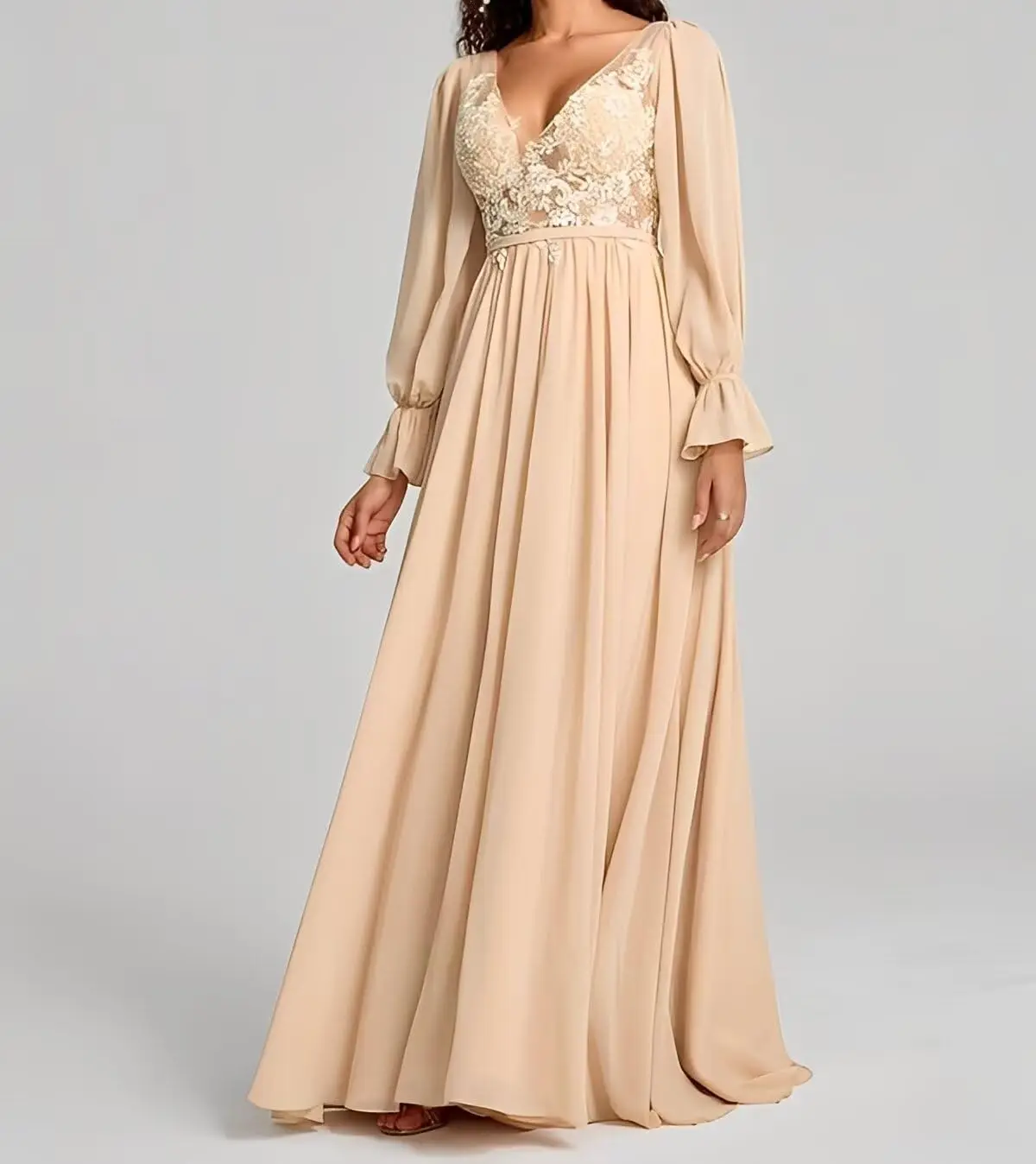 V Neck Bridesmaid Dresses Long Sleeve for Wedding Lace Appliques Formal Party Gown with Slit