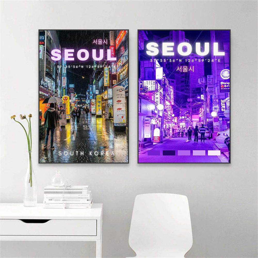 Seoul Travel Poster Neon Art Prints Seoul Purple Neon Wall Art Poster Modern Travel City Canvas Painting Gamers Room Decoration