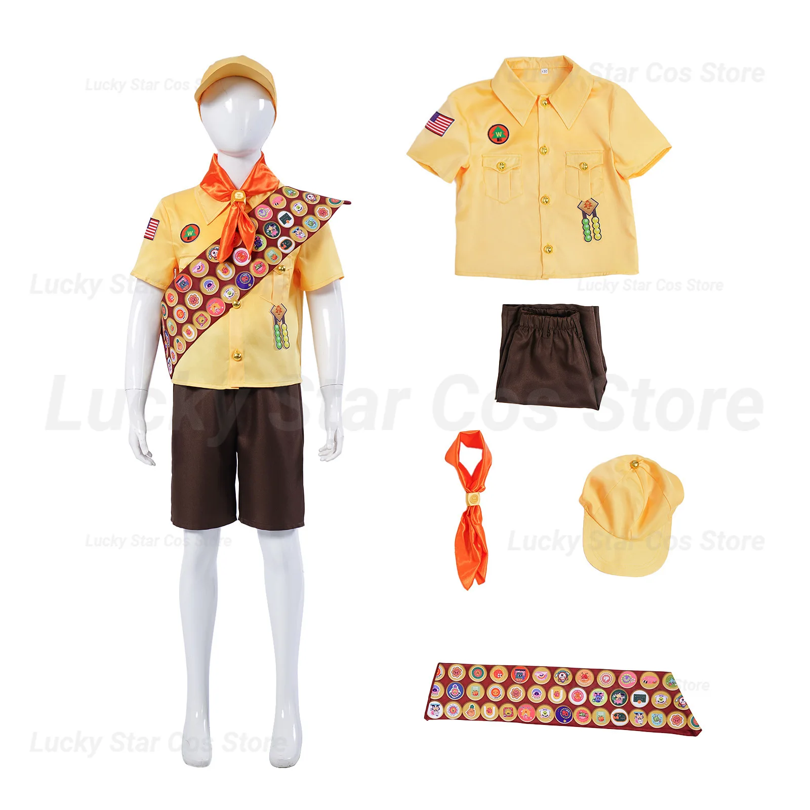 

Adult Men Russell Cosplay Costume Set, Shirt Shorts Hat Shoulder Strap Necktie Outfit for Halloween Carnival Cosplay