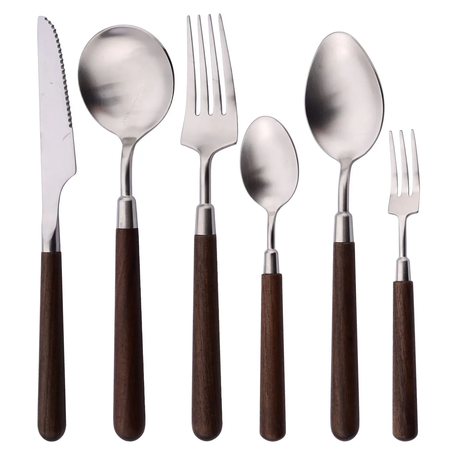 4/5/6pcs Matte Wooden Handle Cutlery Set Knife Fork Spoon Dinnerware Set Stainless Steel Tableware Kitchen Dining Party Flatware