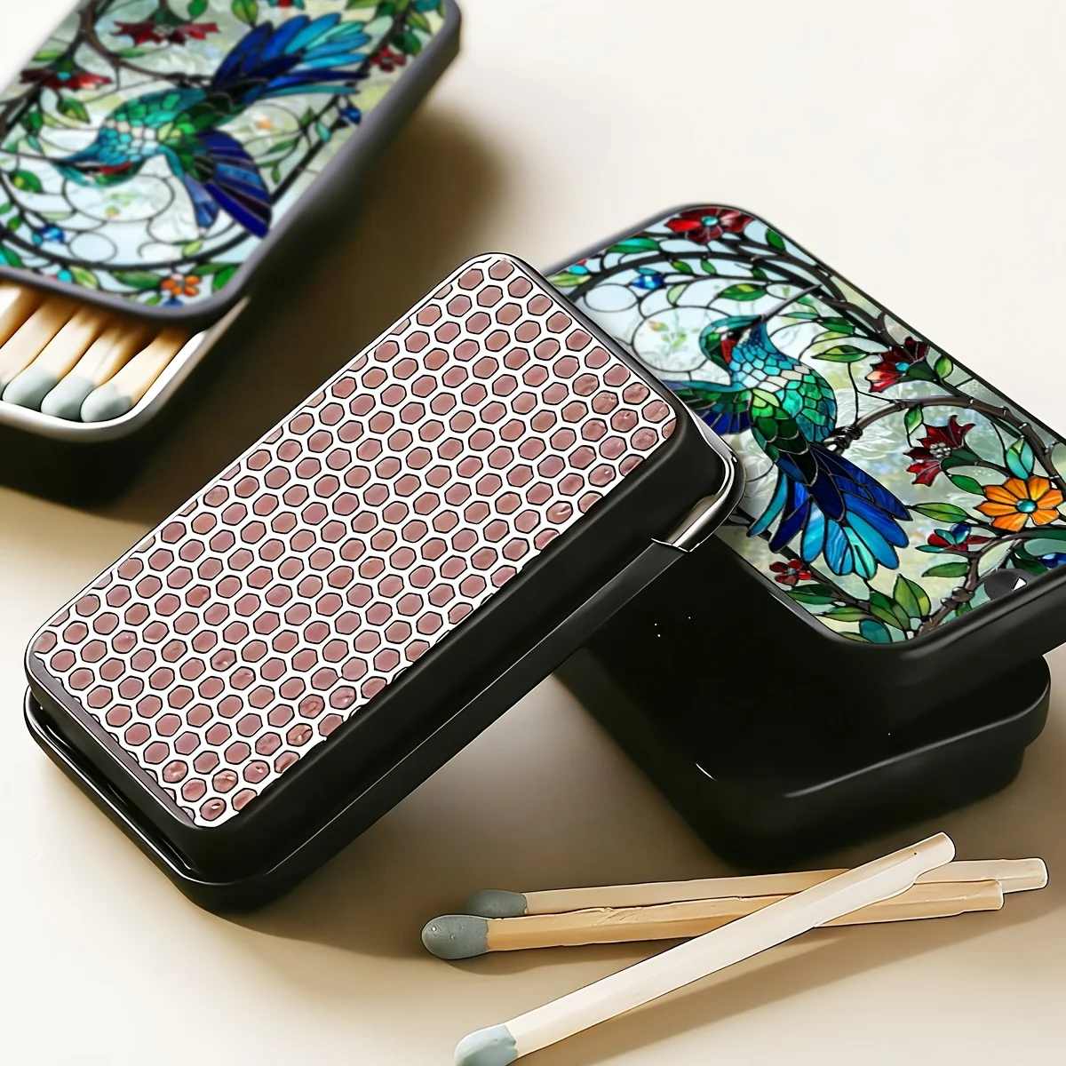 Stained Glass Hummingbird Metal Match Tin, Slide Top Empty Match Box, Decorative Candle Match Holder, Vintage Gift for Lovers