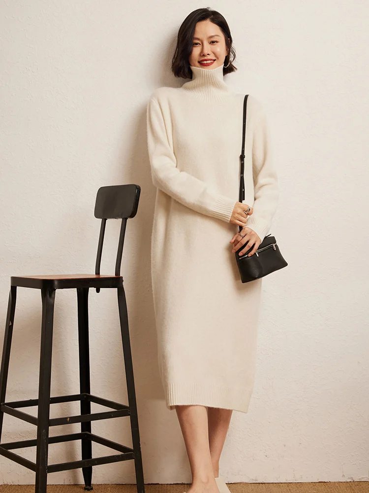 100% Cashmere Sweater Long Dress New Women High Turn-down Collar Pullover Soft Cosy Autumn Winter Casual Solid Knitwear Dress